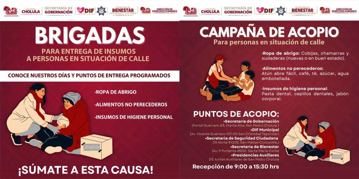 Lanza San Pedro Cholula campaña de acopio en apoyo a personas en situación de calle