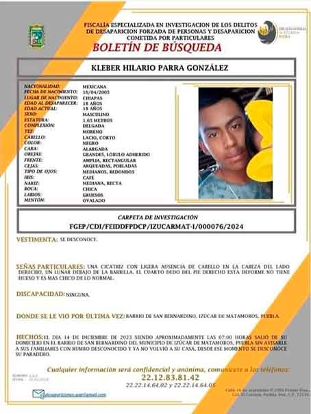 Estas son las características de Kleber Hilario Parra desaparecido en Izúcar
