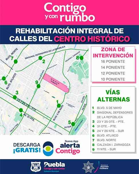 Iniciaron obras en la 10, 12, 14 y 16 Oriente-Poniente del Centro Histórico de Puebla