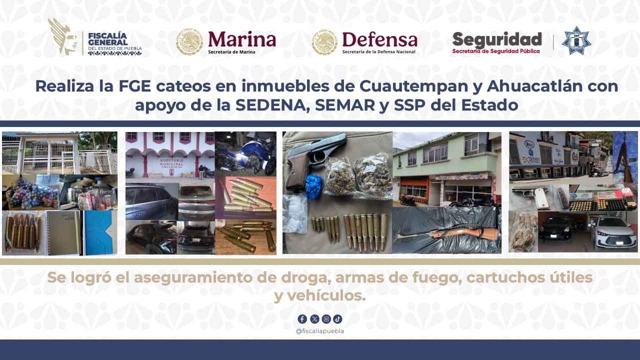 La Fiscalía aseguró droga, armas y vehículos en inmuebles del edil de Cuautempan