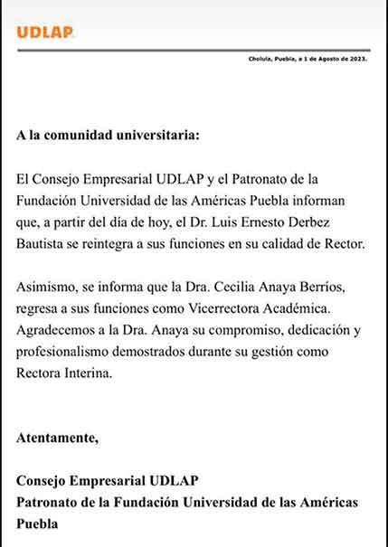 Luis Ernesto Derbez está de regreso como rector de la Udlap