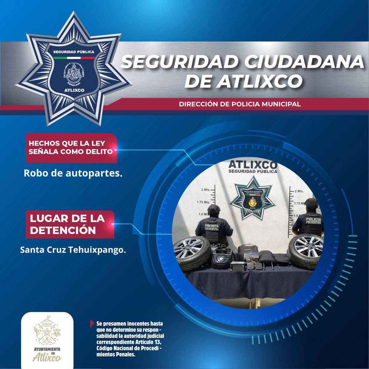 Policía Municipal recupera autopartes robadas y detiene a sospechosos en Atlixco