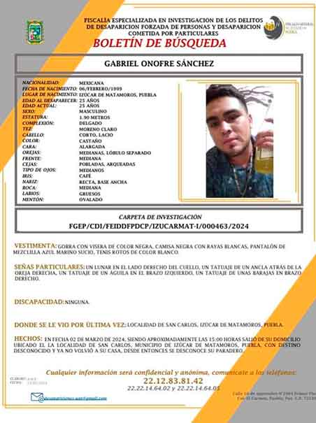 Se intensifica la búsqueda de Gabriel Onofre Sánchez desaparecido en Izúcar