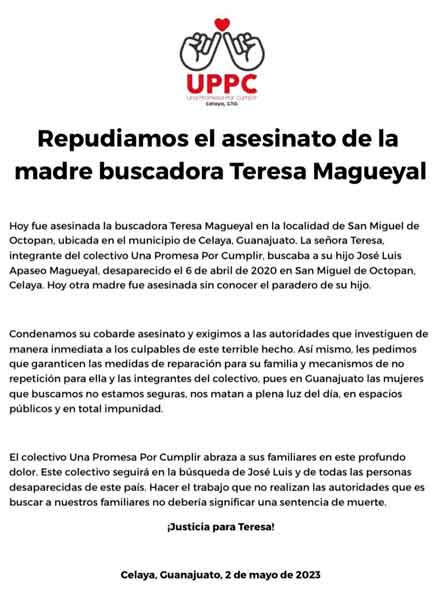 Teresa Magueyal, madre buscadora, fue asesinad4 a bal4zos en Celaya