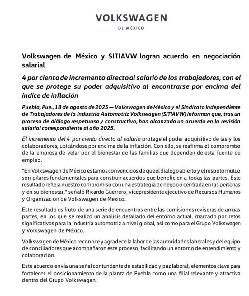 Volkswagen y SITIAVW acuerdan incremento salarial por encima de la inflación