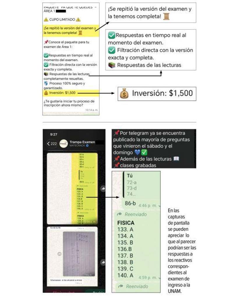 Grupos de WhatsApp y Telegram ofrecieron durante el examen de admisión de la UNAM supuestas respuestas, reactivos filtrados y asistencia en tiempo real a cambio de pagos de hasta 4 mil pesos