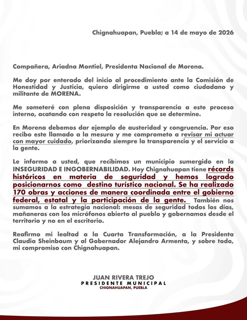 Edil de Chignahuapan reconoce investigación de Morena y promete apegarse al resolutivo