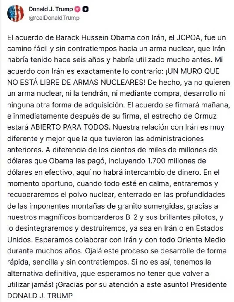 Trump anuncia que este domingo firmará acuerdo con Irán para poner fin a la guerra y reabrir Ormuz