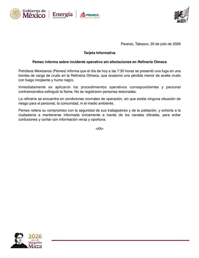 Pemex confirma nueva fuga e incendio en la refinería Olmeca de Tabasco