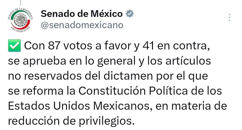 Senado aprueba en lo general el Plan B de reforma electoral; discusión en lo particular continúa