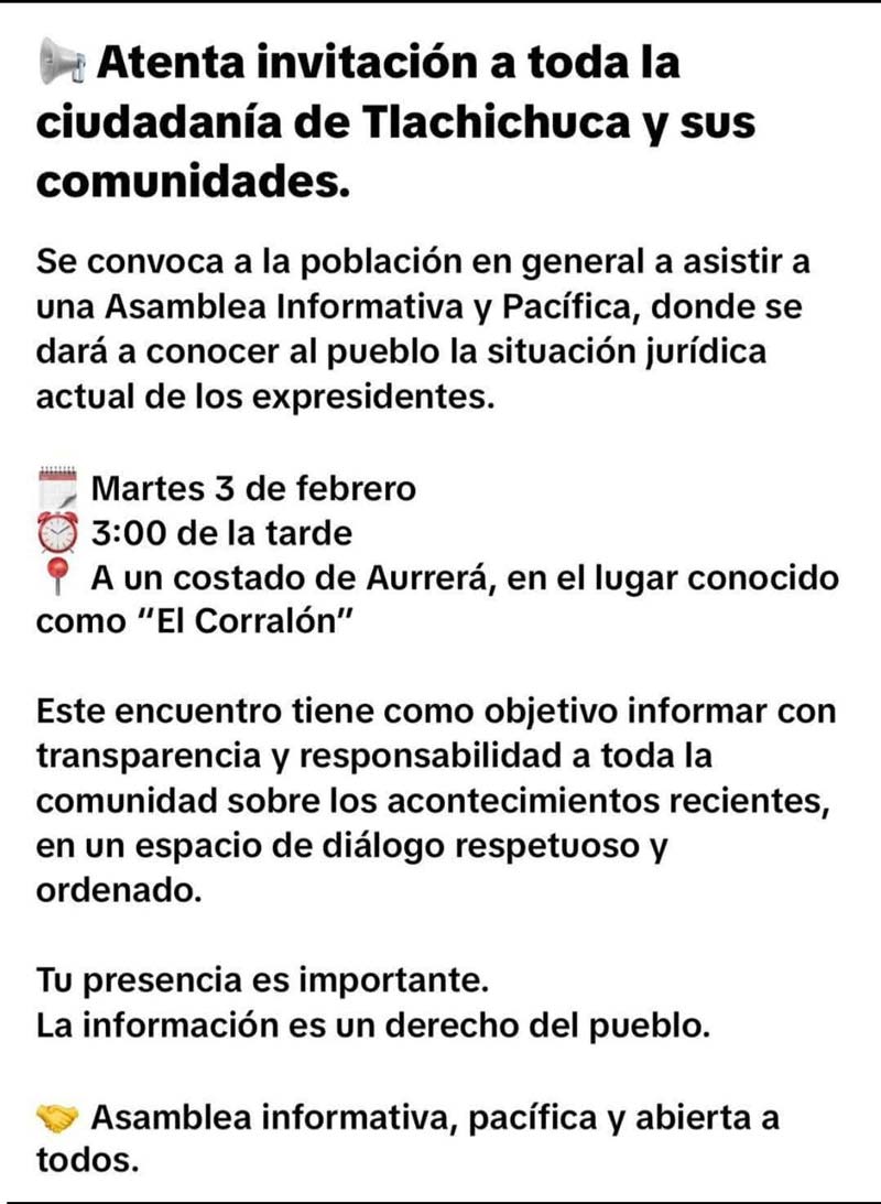 Tlachichuca convoca a reunión ciudadana por caso de exalcaldes