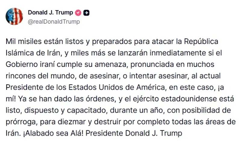 Trump advierte a Irán con ataque de "mil misiles" si intentan asesinarlo