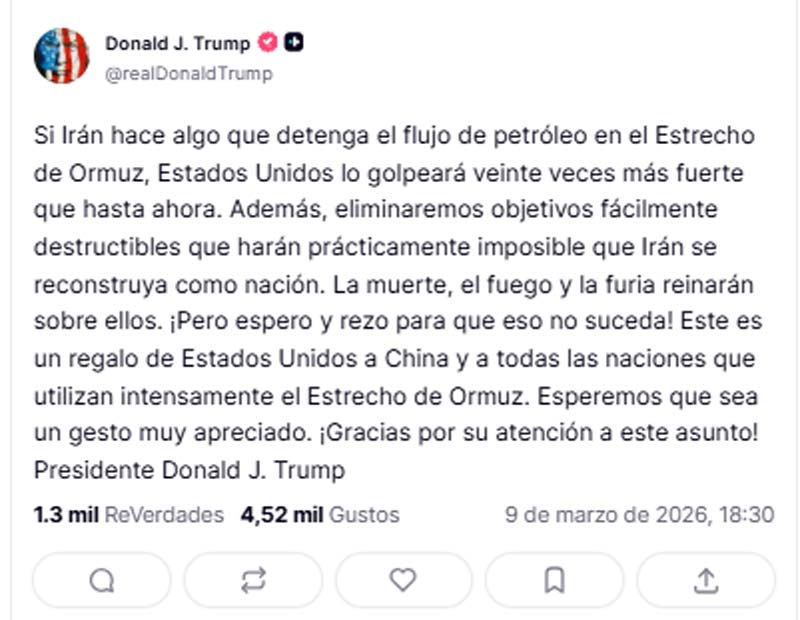 Trump lanza advertencia a Irán: “Golpearemos veinte veces más fuerte si bloquean petróleo”