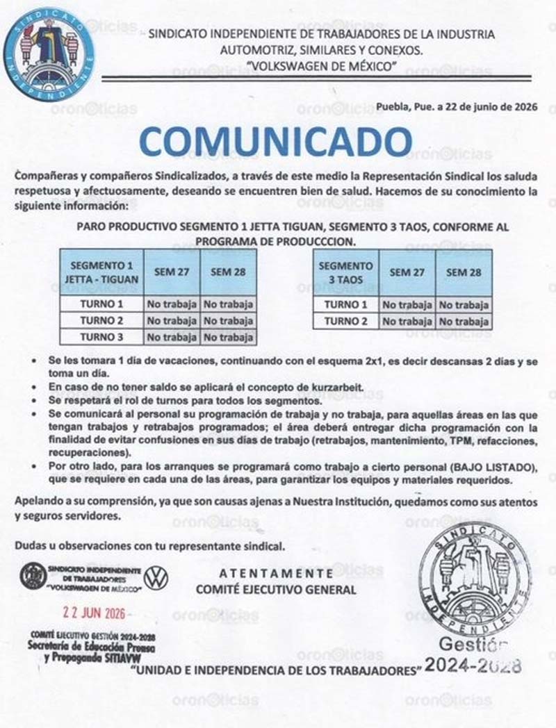 Volkswagen Puebla entra en paro técnico de dos semanas