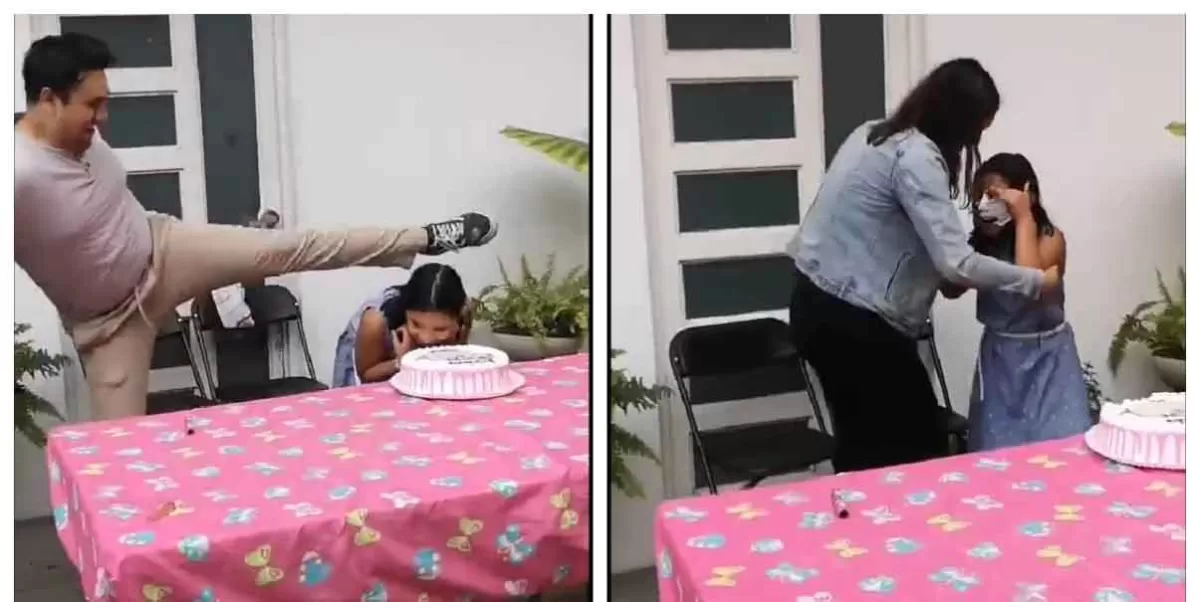 VIDEO. ¿Todo bien en casa? Padre avienta a su hija al pastel con una patada