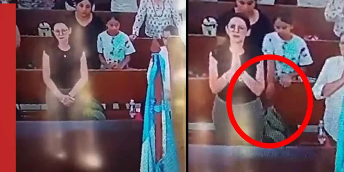 VIDEO. ¡De tal palo!, niña ROBA cartera por órdenes de su mamá durante misa
