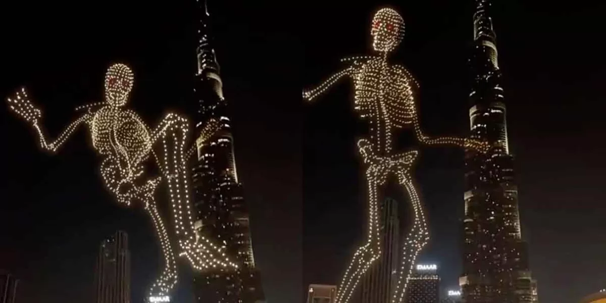 Esqueleto de drones "camina" calles de Dubái por Halloween ¡IMPACTANTE!