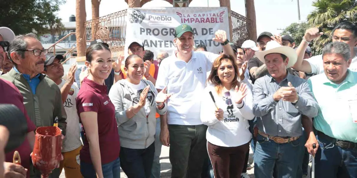 Ayuntamiento de Puebla realiza faena integral en parque principal de San Felipe Hueyotlipan