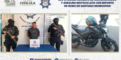 SSC Cholula combate el narcomenudeo y asegura motocicleta con reporte de robo en Santiago Momoxpan