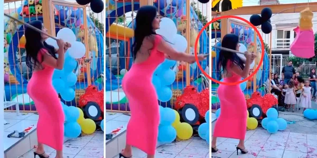 Levanta suspiros mujer al momento de pasar a pegarle a la piñata en un fiesta infantil