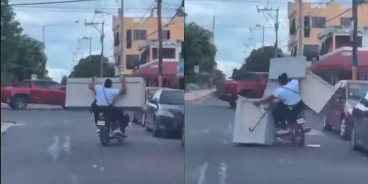 VIDEO. Transportan un mueble en moto y este se desbarata