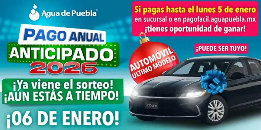Este 6 de enero Agua de Puebla realizará su Primer Sorteo de un auto