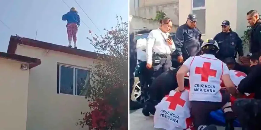 Mujer es rescatada tras lanzarse desde la azotea de una vivienda en EDOMEX